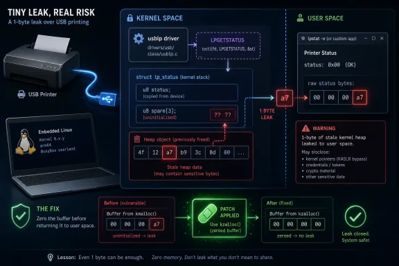 Diagram shows a 1‑byte kernel heap leak from a USB printer driver into user space and a zeroing fix.