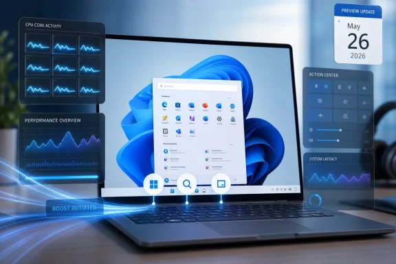Futuristic laptop dashboard shows CPU activity, performance charts, and May 26, 2026 preview update.