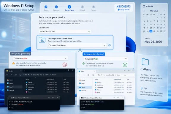Windows 11 setup screen naming a device and choosing a user profile folder, with an example and calendar preview.