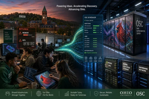 Modern lab team and data-center servers with an OSC supercomputer interface and Ohio skyline at dusk.