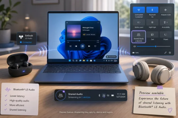 Laptop screen shows Bluetooth LE Audio Shared Audio while earbuds and headphones connect in a modern workspace.