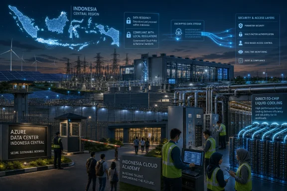Nighttime industrial data center with engineers and an Indonesia cybersecurity cloud overlay.