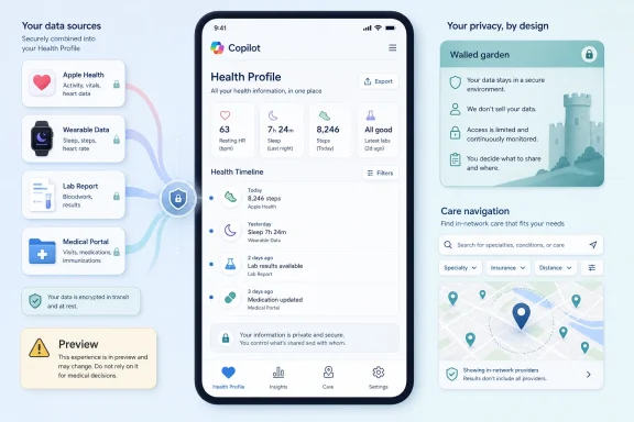 Mock smartphone screens showing a health profile and privacy features with data sources and in-network care search.