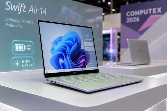 Acer Swift Air 14 laptop on display at a tech expo, showing Windows 11 and AI performance branding.