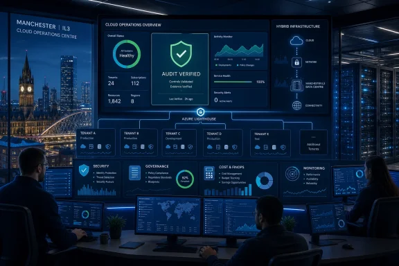 People monitor a hybrid cloud operations dashboard with security, governance, and activity analytics in a data center.