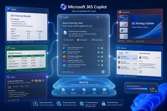 Microsoft 365 Copilot interface connecting Word, Excel, PowerPoint, Outlook, and Teams for “Work IQ.”