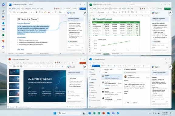 Screenshot of multiple Microsoft Office documents and Excel charts, with Copilot panels open for strategy and forecasts.