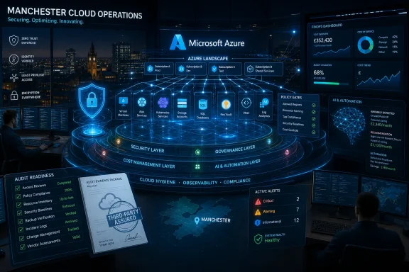 Futuristic Azure operations dashboard with cloud security, policy, and cost analytics for Manchester.