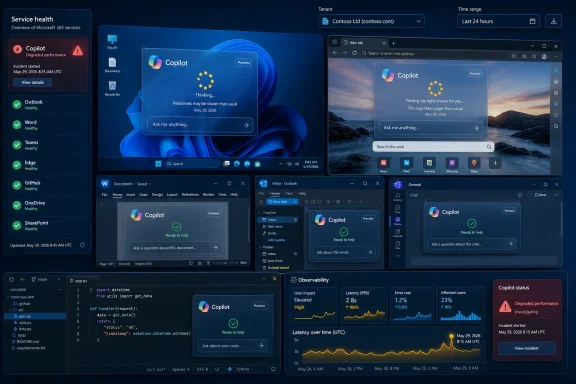 Microsoft 365 Service Health dashboard showing degraded Copilot performance across apps.