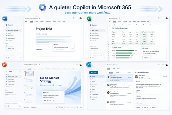 Microsoft 365 Copilot interface shown across PowerPoint, Word, Excel, and Teams with “A quieter Copilot” banner.