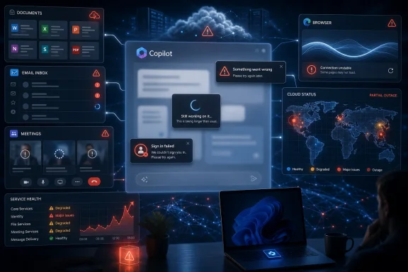 Network dashboard shows Copilot errors, unstable browser connection, and a partial cloud outage map.