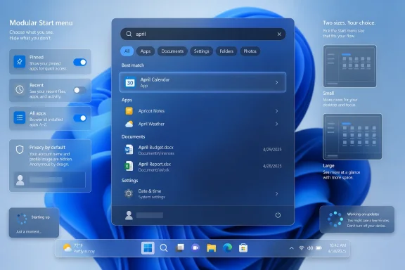 Windows Start menu search results for “april,” showing modular pinned, recent, and size options on a blue desktop.