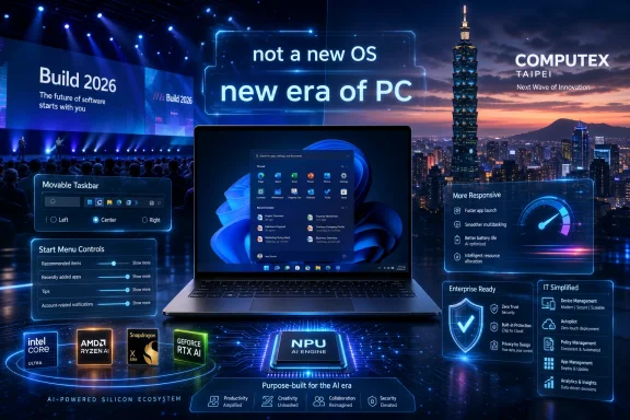 Futuristic COMPUTEX Taipei tech display with “new era of PC” on a laptop and AI chip graphics.