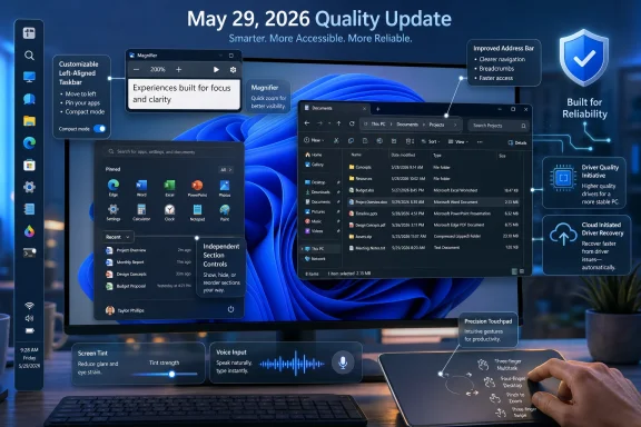 Windows 11 May 29, 2026 quality update graphic with enhanced UI features, drivers, and multitouch controls.