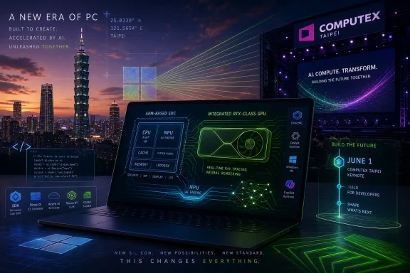 Futuristic “Computex Taipei” PC launch graphic with neon city skyline and AI chip visuals on a laptop.