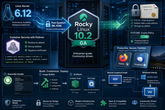 Infographic showcasing Rocky Linux 10.2 security features, Podman/container protection, and deployment pipeline.