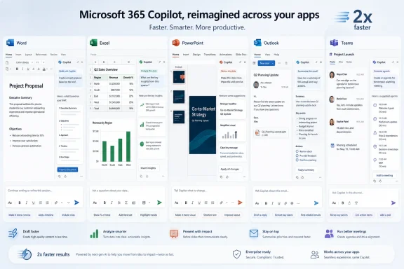 A promotional graphic showing Microsoft 365 Copilot interfaces across apps like Word, Excel, PowerPoint, and Outlook.