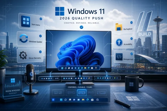 Windows 11 2026 quality push promo with a desktop, UI tiles, and city skyline tech theme.