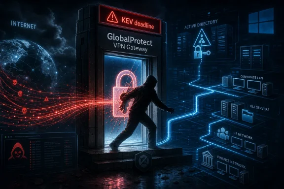 A hooded hacker breaks into a “GlobalProtect VPN Gateway” under “Key deadline” warning in a cyber network.
