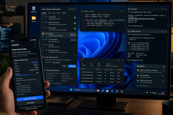 Developer monitors show Codex task running with PowerShell installs and tests on a Windows PC.