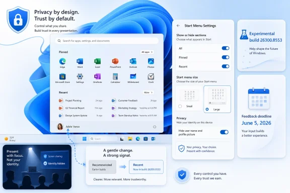 Windows 11 Start menu settings preview with privacy controls and build update callouts.