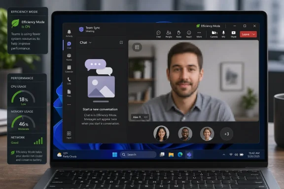 Laptop screen showing Microsoft Teams in Efficiency Mode during a video chat meeting.