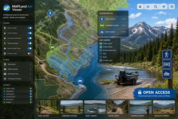 Interactive map viewer showing trail, easement, and boat access status along a river and mountain landscape.