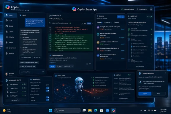 A futuristic Copilot dashboard shows AI-assisted coding, task tracking, and compliance prompts.
