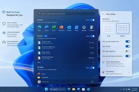 Windows Start menu and settings panels over a blue abstract desktop background.