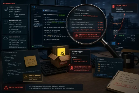 Cybersecurity-themed interface showing npm package resolution via magnifier, with dependency confusion and supply-chain risk alerts.