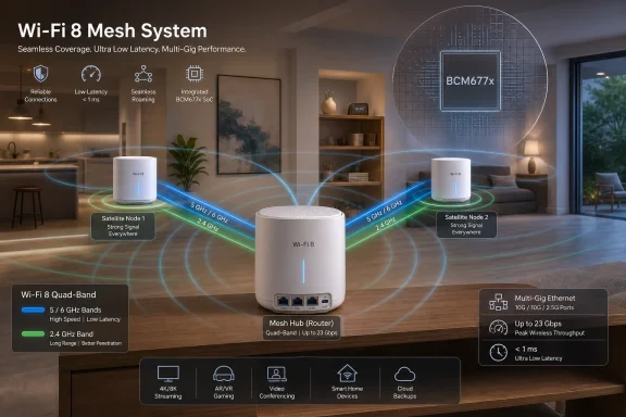 Wi‑Fi 8 mesh system ad showing router and two nodes with coverage and low-latency features in a modern living room.