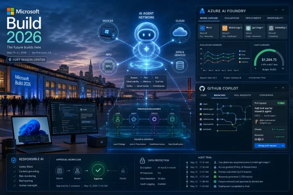 Microsoft Build 2026 event poster with Azure AI Foundry dashboard and futuristic AI agent network graphics.
