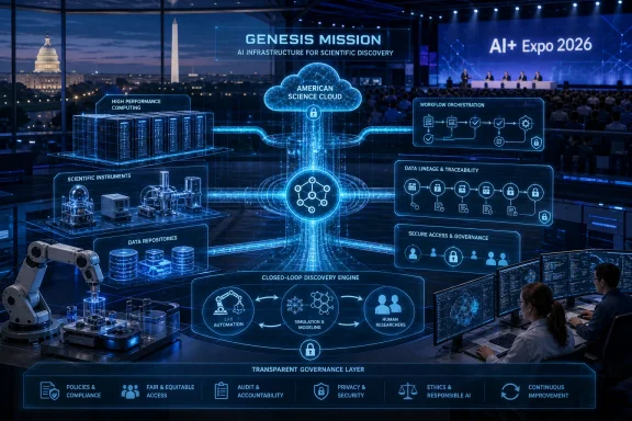 AI expo stage scene with a glowing “Genesis Mission” digital cloud, data flow, and governance graphics over a lab.