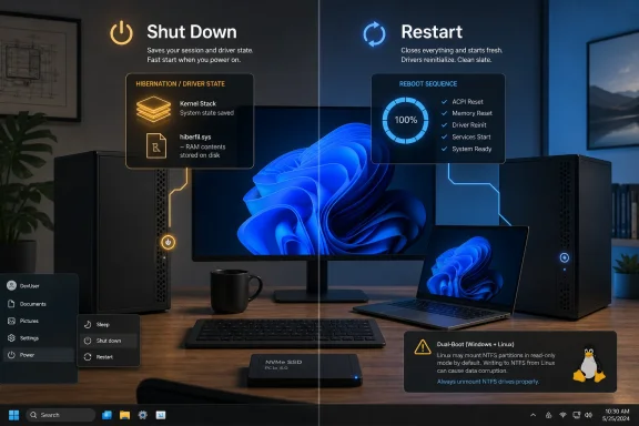 Dual action UI shows PC hibernation/driver state on one side and a blue reboot sequence on the other.