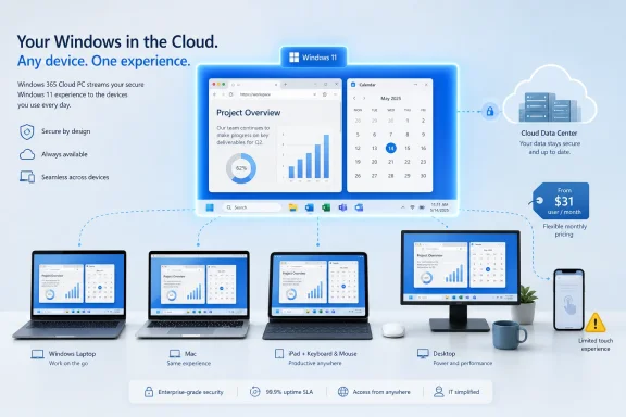 Cloud-themed ad showing Windows 11 apps streaming across multiple devices with secure, always-on messaging.