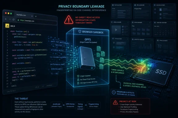 Diagram shows browser sandbox OPFS storage with timing-based side-channel leakage risk and SSD fingerprinting.