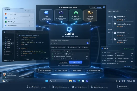 Futuristic Copilot interface with code, documents, meeting timeline, and audit log on a glowing desktop.