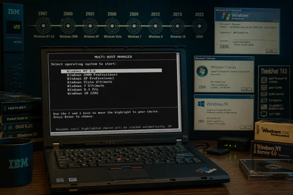 An IBM ThinkPad T43 boots from a multi-boot menu showing Windows NT 4.0 to Windows 10 22H2.