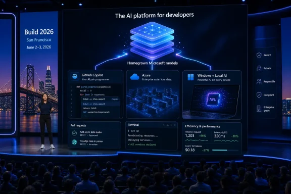 A speaker presents Microsoft’s AI platform for developers at Build 2026 in a futuristic, blue-lit stage display.