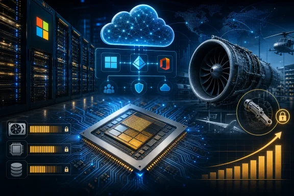 Cloud and data-security icons float over a futuristic server room with a chip in the foreground and a jet engine nearby.