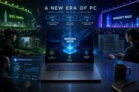 Futuristic conference stage with “A New Era of PC” branding, laptops, security dashboards, and glowing tech graphics.