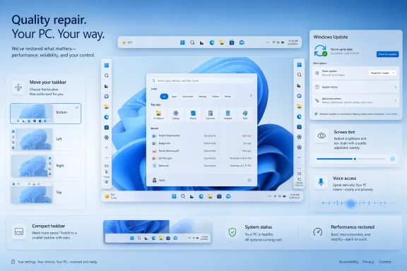 Windows 11 desktop mockup showing taskbar, Start menu, and system settings panels.