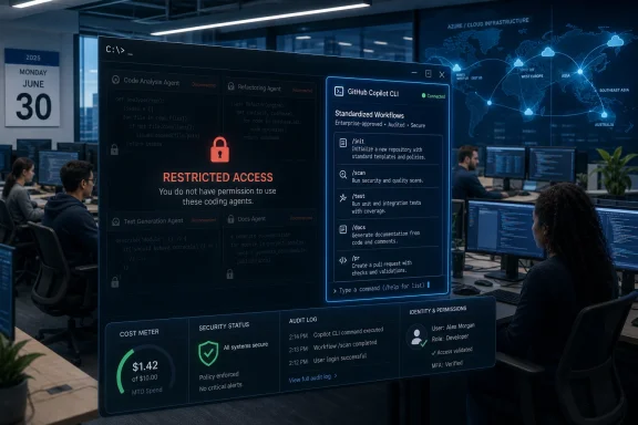 Office team viewing a “Restricted Access” software dashboard with GitHub Copilot CLI and security status.