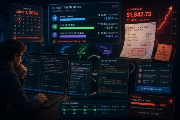 Man using a laptop displays a Copilot token meter and cost chart showing estimated bill and budget exceeded.