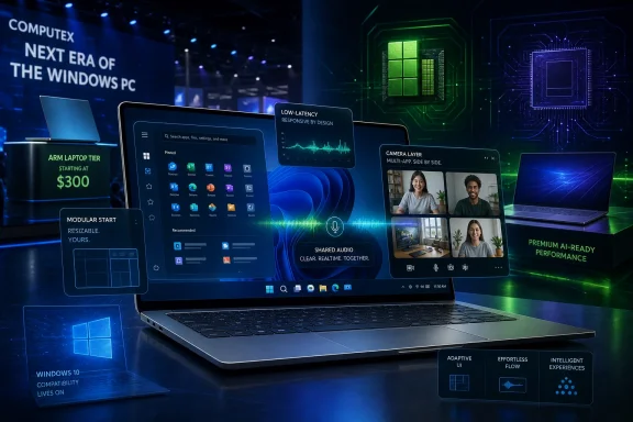 Futuristic Windows 10 laptop display at a COMPUTEX event, highlighting next-gen PC features and AI readiness.