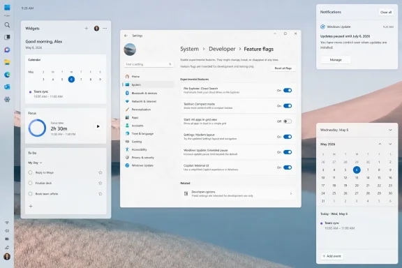Windows 11 feature flags settings screen with widgets and notifications on the desktop.