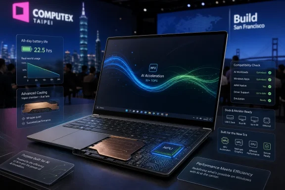 A futuristic laptop at a tech expo screen shows NPU AI acceleration stats and compatibility checks.