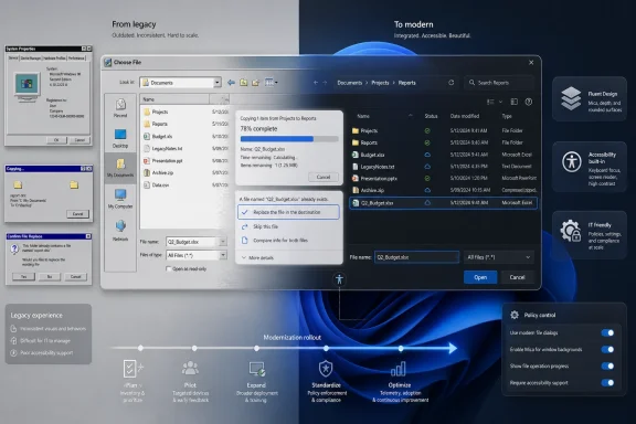 Windows “legacy to modern” UI mockup showing a file copy/replace dialog on a blue desktop background.