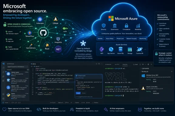 Microsoft Azure open-source developer platform graphic with cloud icons, coding windows, and Linux/Kubernetes branding.