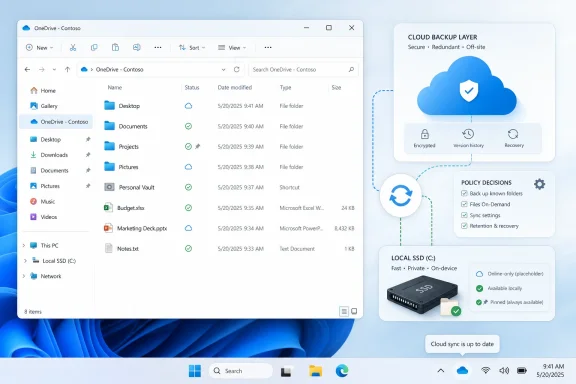 Screenshot showing OneDrive file folders and cloud backup/retention features alongside a cloud sync UI.